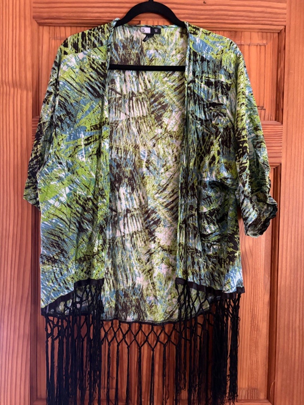 Green Patterned Open-Front Fringe Sweater Kimono